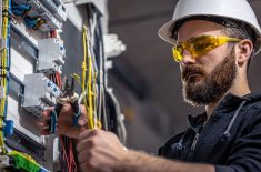 A male electrician works in a switchboard with an electrical connecting cable.
